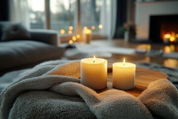 Cozy Winter Living Room with Wooden Table, Candles, and Bokeh Lights, Warm Interior Design with a Fireplace and Blanket