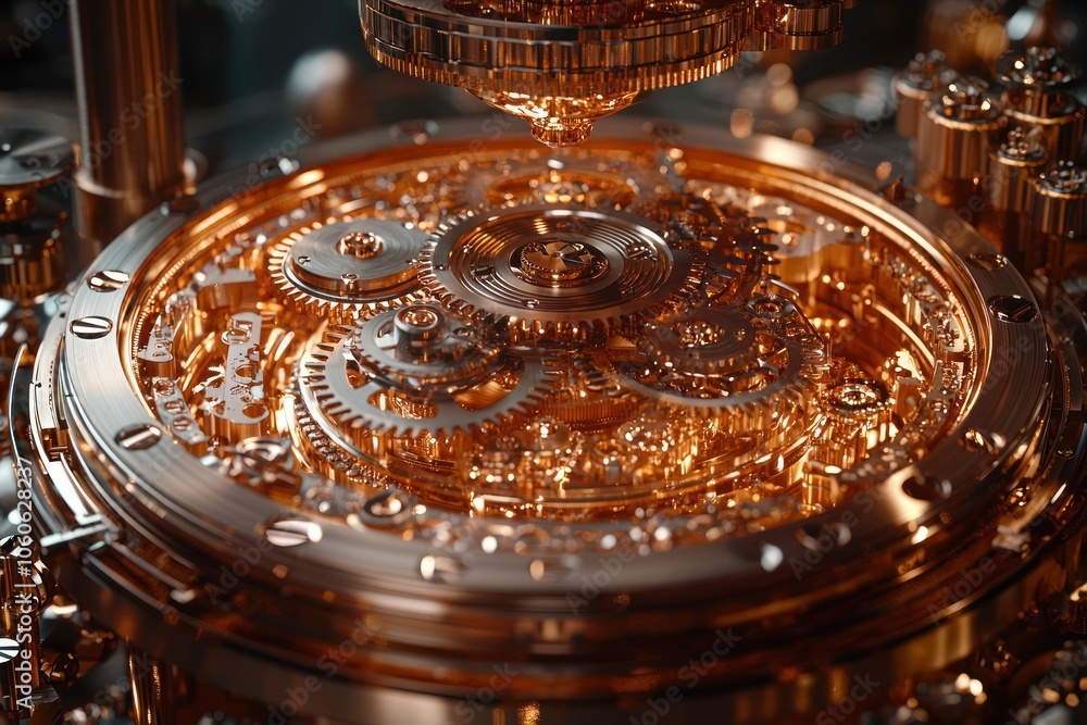 Poster Close-up of intricate gold gears and mechanisms in a complex timepiece