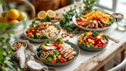 Balanced Plate Rule Meal with Grilled Chicken, Vegetables, and Grains on a Dining Table