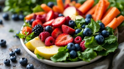 Vibrant Fruit and Vegetable Salad with Low Glycemic Index on a Round Plate
