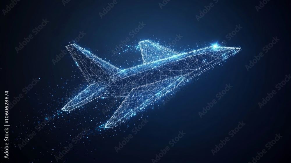 Poster an airplane in flight, rendered in a digital, wireframe style. it is composed of connected lines of 