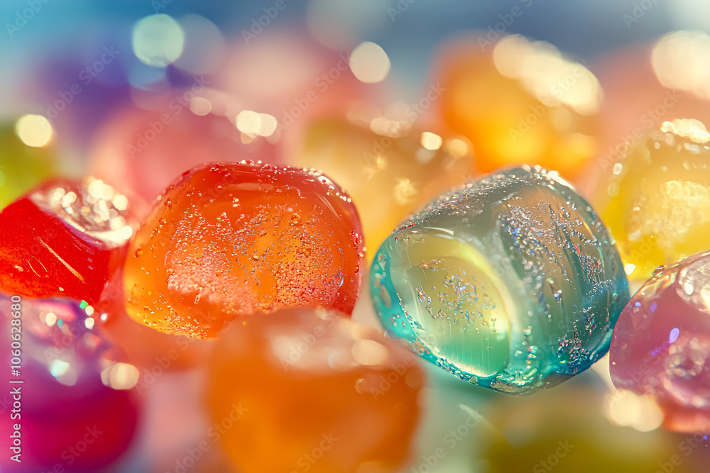 Poster colorful assortment of jelly beans are arranged on a table. the jelly beans are of various colors an