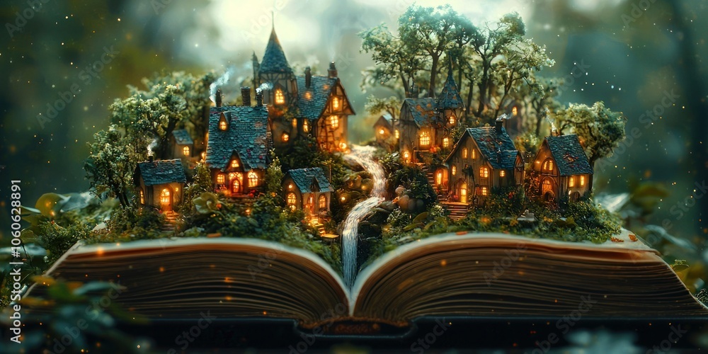 Poster miniature village nestled within the pages of a book, illuminated by warm light