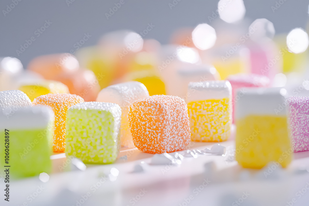 Poster pile of colorful marshmallows with a white background. the marshmallows are in various colors and si