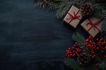 Christmas background with gift boxes, pine cones, and red berries on a black wooden table. Flat lay, top view of holiday decoration with copy space for text or design, Generative Ai 