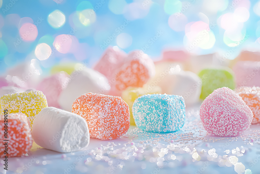 Poster pile of colorful marshmallows with a white background. the marshmallows are in various colors and si