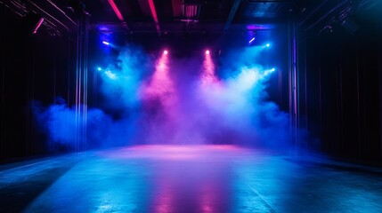 An empty stage with blue and purple spotlights and smoke, ready for a performance or event.