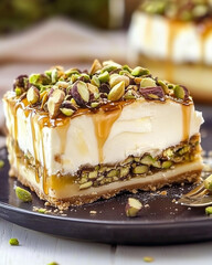 Caramel pistachio cheesecake slice with layered crust on plate