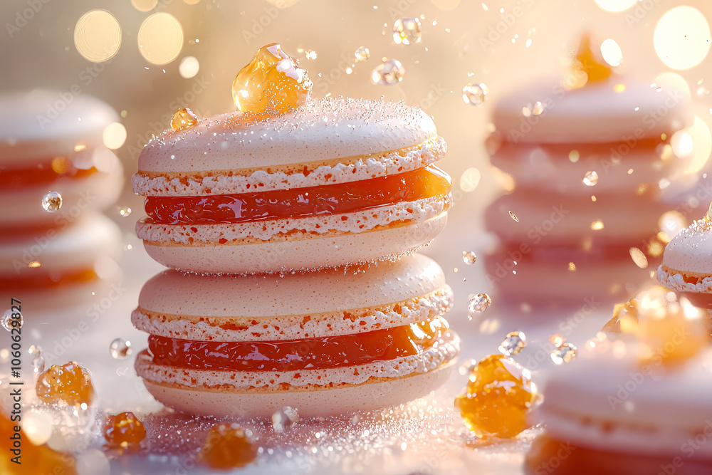 Poster three macarons with different colors and flavors stacked on top of each other. the macarons are deco