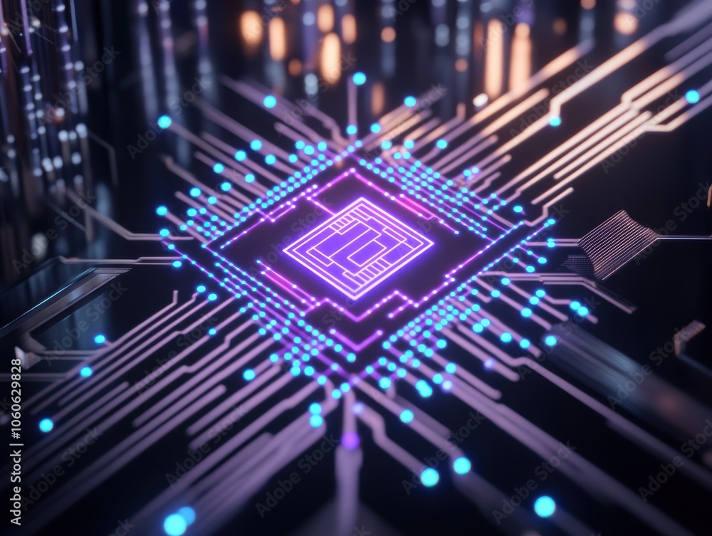 Poster futuristic microchip design with vibrant lights and intricate patterns, symbolizing technology and i