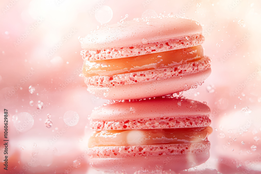 Poster three macarons with different colors and flavors stacked on top of each other. the macarons are deco