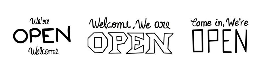 Ilustração vetorial comercio retorno abertura estabelecimento porta de entrada placa frase em ingles oficial bem vindos