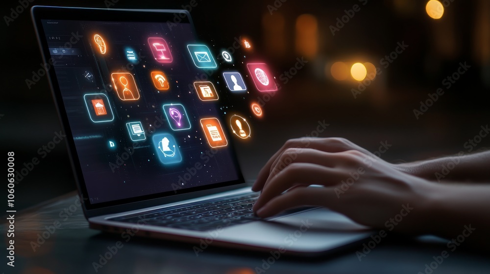 Poster close-up of hands typing on a laptop with colorful app icons floating above the screen.