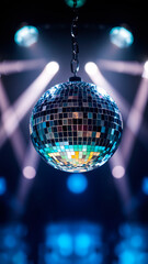 Fototapeta premium silver disco ball hangs a dark room