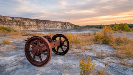 Fototapeta premium Rusty vintage machinery stands in a serene landscape under a colorful sunset, showcasing nature's beauty and industrial history.