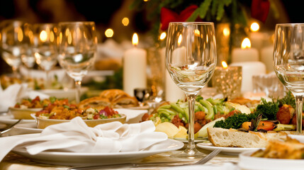 Fototapeta premium Christmas Dinner Table with Candles, Festive Dishes, and Cozy Atmosphere