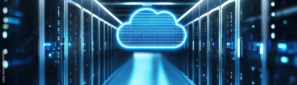 Poster futuristic server room with glowing cloud symbol, representing advanced technology and data storage 