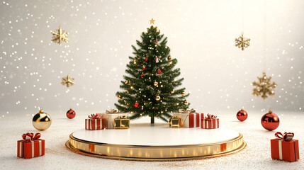 Fototapeta premium Christmas tree and decoration podium background for product presentation