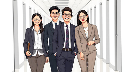 Full body shot of Millennial Asian successful professional male businessmen and female businesswomen in formal suit smiling posing look at camera walking side by side together in company hallway iso