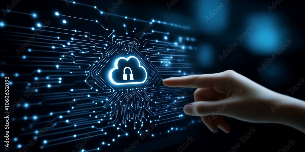 Poster a hand interacts with a modern touch screen displaying symbols of cloud storage security and network