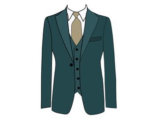 Portrait of a dark green tuxedo shirt and a yellow tie on a white background. Men's formal wear fashion theme.