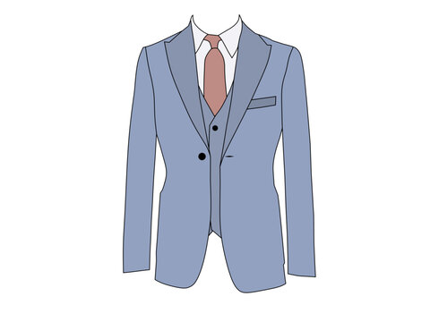 recommend clip art: Portrait of a light blue tuxedo and a dark red tie on a white background. Fashion theme of men's formal clothing.