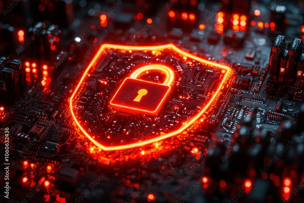Poster glowing shield and padlock symbol on circuit board