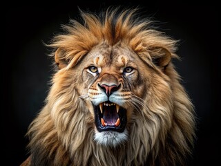 Fototapeta premium Majestic Lion Roaring in Power and Strength on Black Background, Capturing the Essence of Wildlife, Nature's Fierce Predator, Symbol of Courage and Leadership