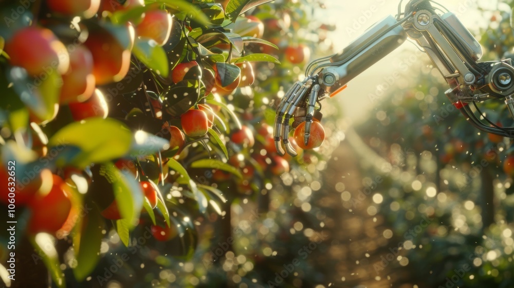 Poster in a vast sundrenched orchard 5gconnected robots carefully pick ripe fruits from the trees gently pl