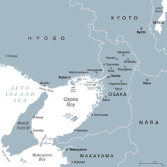 Obraz premium Osaka Prefecture of Japan, gray political map. Located in the Kansai region of Honshu, bordering the prefectures Hyogo, Kyoto, Nara and Wakayama. With capital Osaka, the third-largest city in Japan.