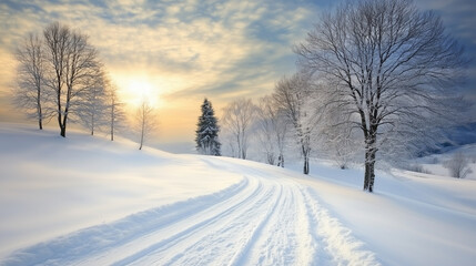 Fototapeta premium Snowy path winding through a winter landscape with trees at sunset