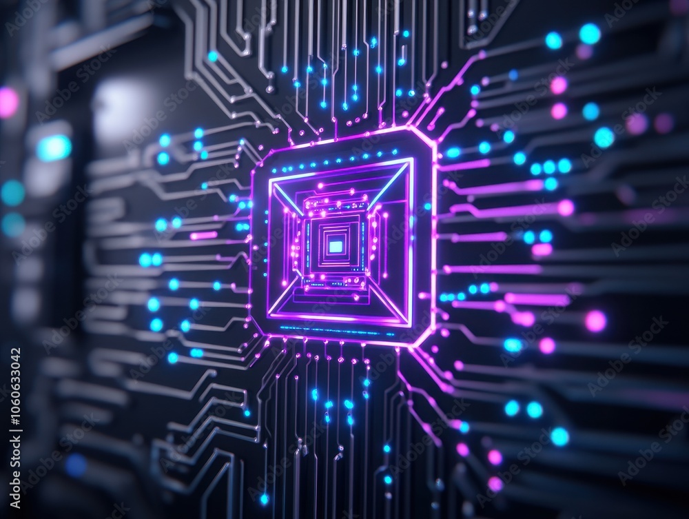 Poster futuristic circuit board design featuring a glowing microchip, showcasing advanced technology and di