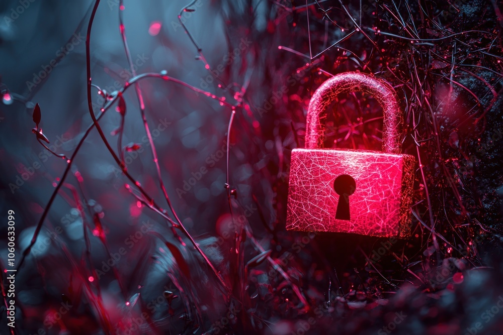 Poster red glowing padlock in a forest setting