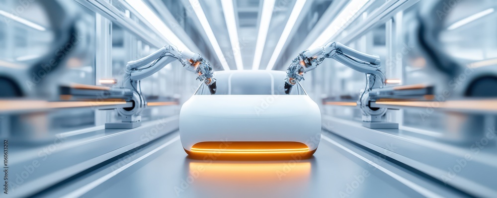 Poster futuristic automation with robotic arms in a modern factory setting, highlighting advanced technolog