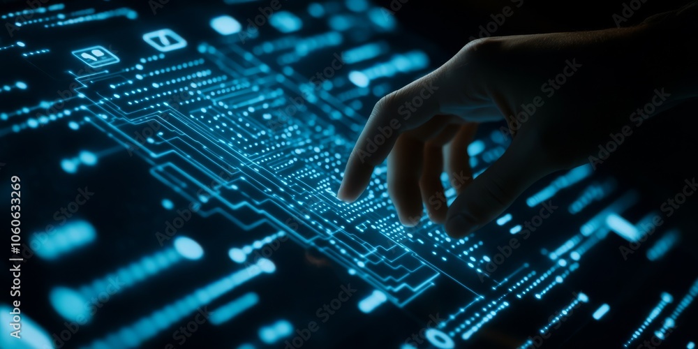 Aufkleber a hand is actively interacting with a digital touchscreen display that showcases a variety of techno