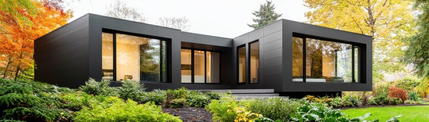 Modern black house surrounded by lush greenery and autumn foliage, showcasing sleek architecture and large glass windows.