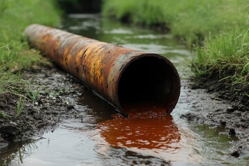 Rusted Pipe Discharging Orange Waste Water into a Stream