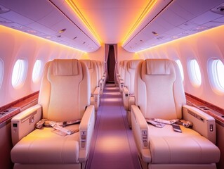 Fototapeta premium Spacious and luxurious airplane interior featuring elegant leather seats and ambient lighting for a premium travel experience.