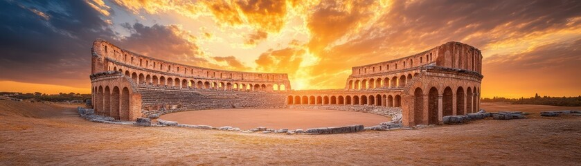 Fototapeta premium Dramatic sunset over an ancient amphitheater, showcasing stunning architecture against a vibrant sky.