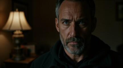 Intense Portrait of a Middle-Aged Man with a Salt-and-Pepper Beard in a Dimly Lit Room