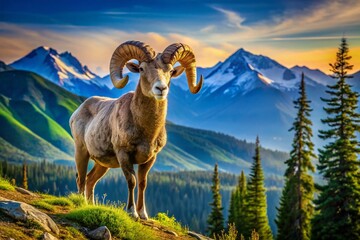 Obraz premium Majestic Ram Overlooking Mountain Valley with Evergreens and Snowy Peaks