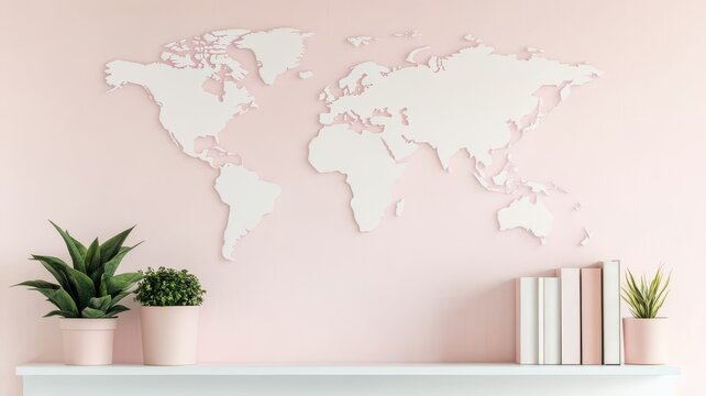 Stylish wall decor featuring a world map and potted plants, perfect for modern living spaces and home office aesthetics.