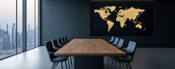 Modern conference room featuring a stylish wooden table and a world map mural, ideal for business meetings and presentations.