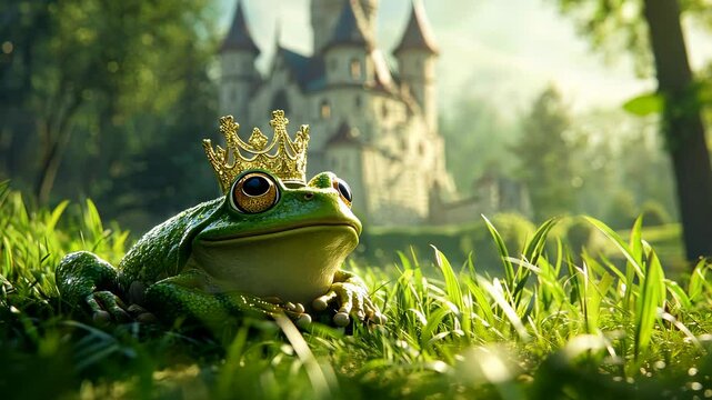 Frog wearing crown relaxing in front of castle