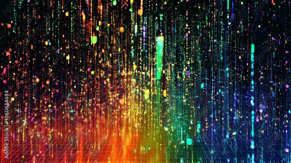 Poster vivid digital pixel patterns against a technology-inspired background for it communication services