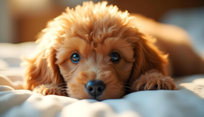 lindo cachorro caniche entre sábanas de la cama