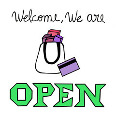 Ilustração Vetorial frase em ingles bem vindo, casa, fique seguro, placas lettering, porta de entrada, comércio