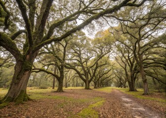 Naklejka premium A tranquil pathway winds through towering oak trees, their branches draped with vibrant green moss, creating a peaceful retreat in nature during autumn.
