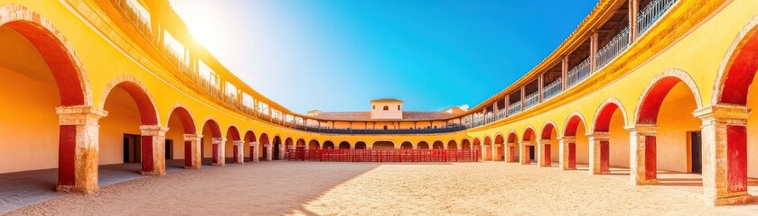 Fototapeta premium Vibrant panoramic view of a historical courtyard adorned with colorful arches under a clear blue sky.