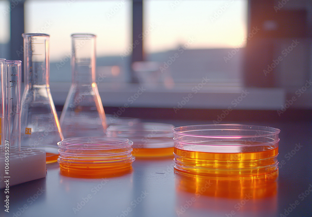 Aufkleber laboratory table with flasks on the background of a scientific laboratory